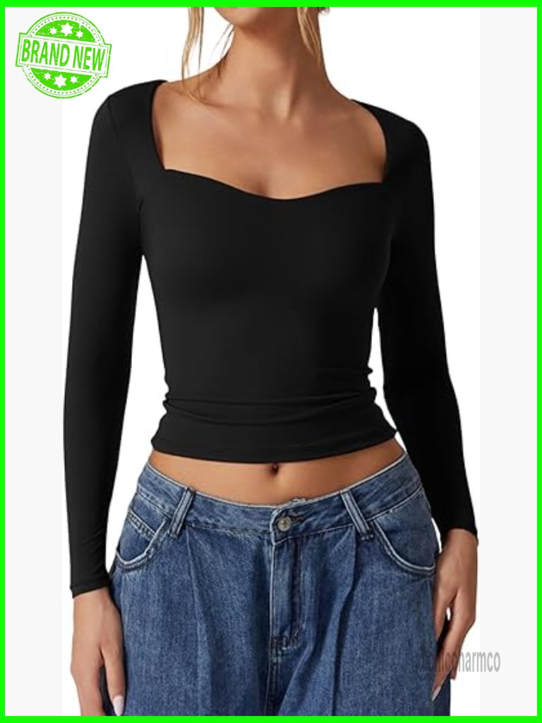 Slimming Sweetheart Neck Long Sleeve Crop Top Bodycon Going Out Tee